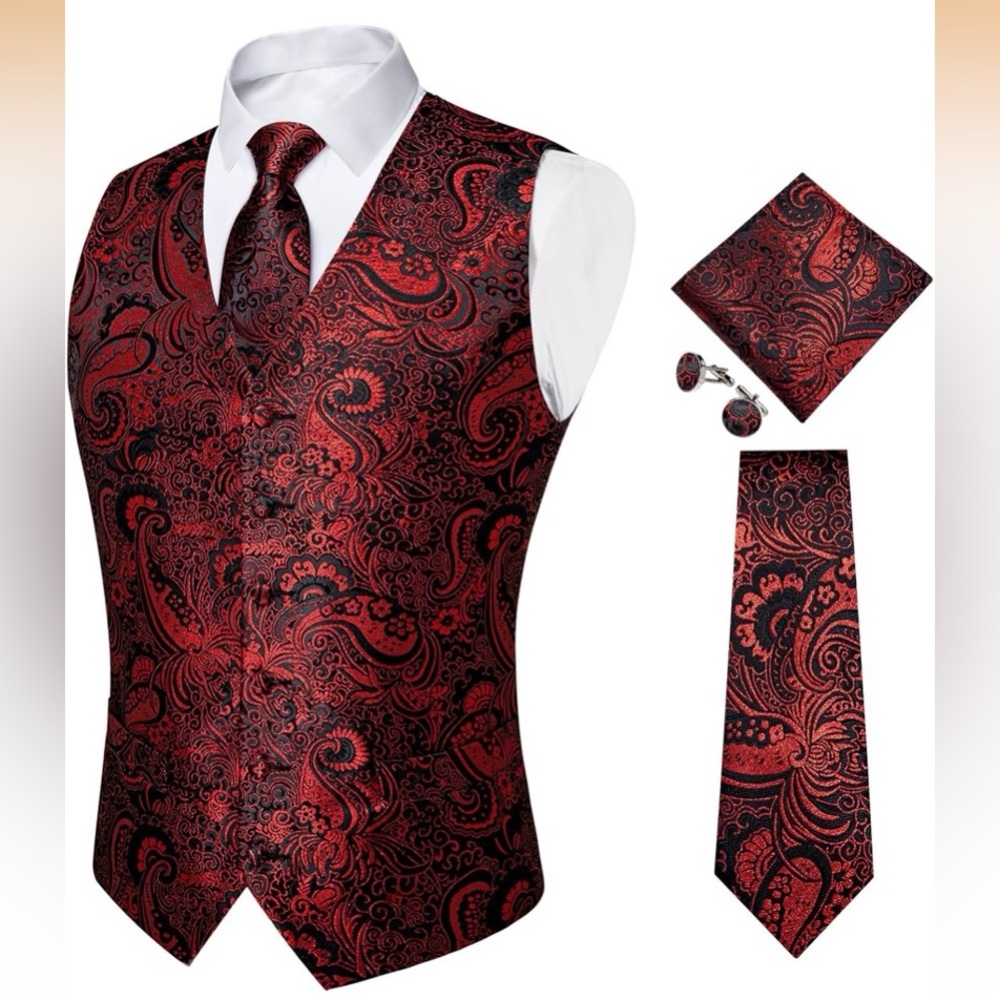 Men’s 5 Pc Red And Black Paisley Formal Dress Vest  Silk Large Tie Links Square